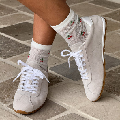 CHERRY WAFFLE KNIT SOCKS WHITE RED