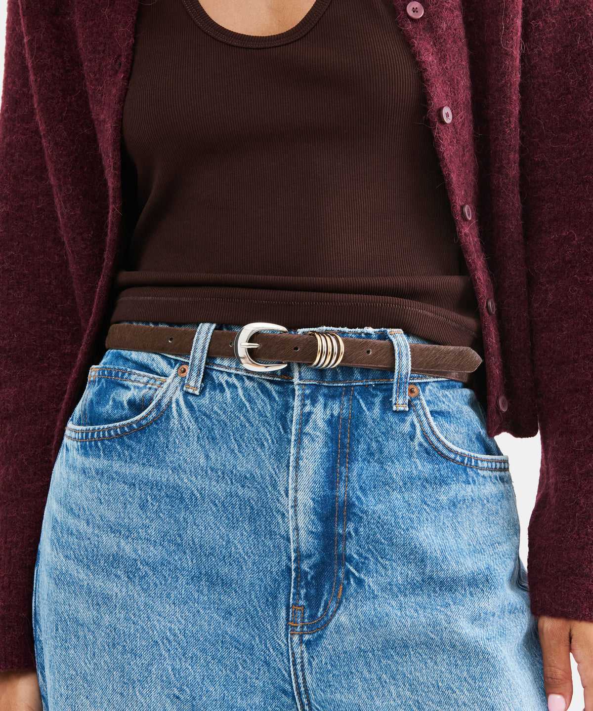 CRESCENT BUCKLE MIXED METAL BELT CHESTNUT CALF HAIR - view 2