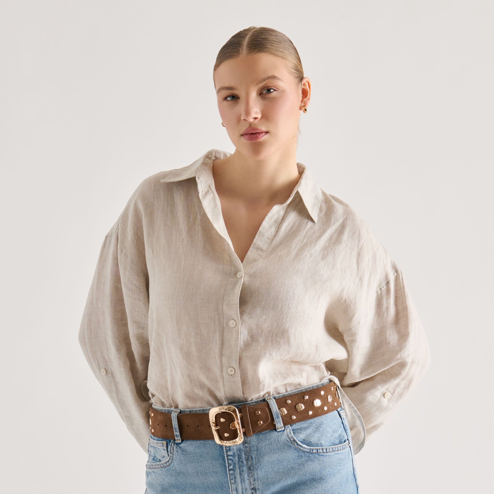 RECTANGLE BUCKLE STUDDED BELT BROWN - view 4