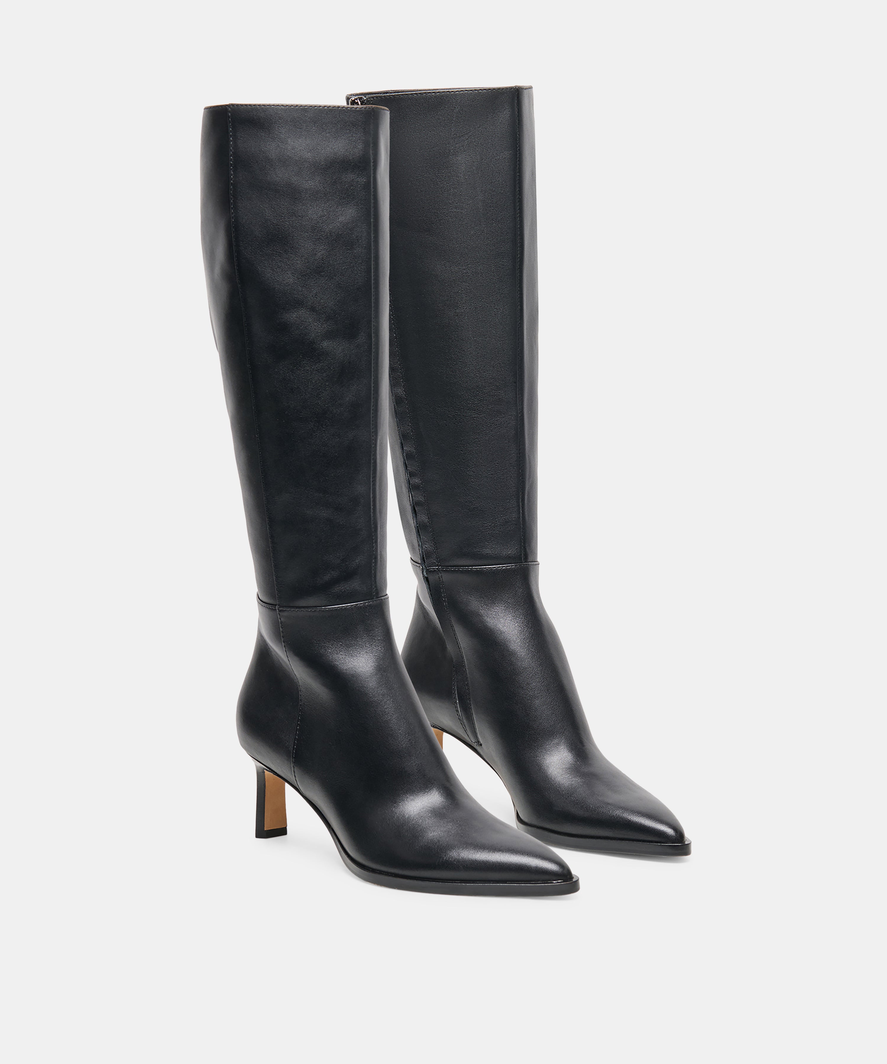 ALIMA Black Leather Kitten-Heel Knee-High Boots | Dolce Vita