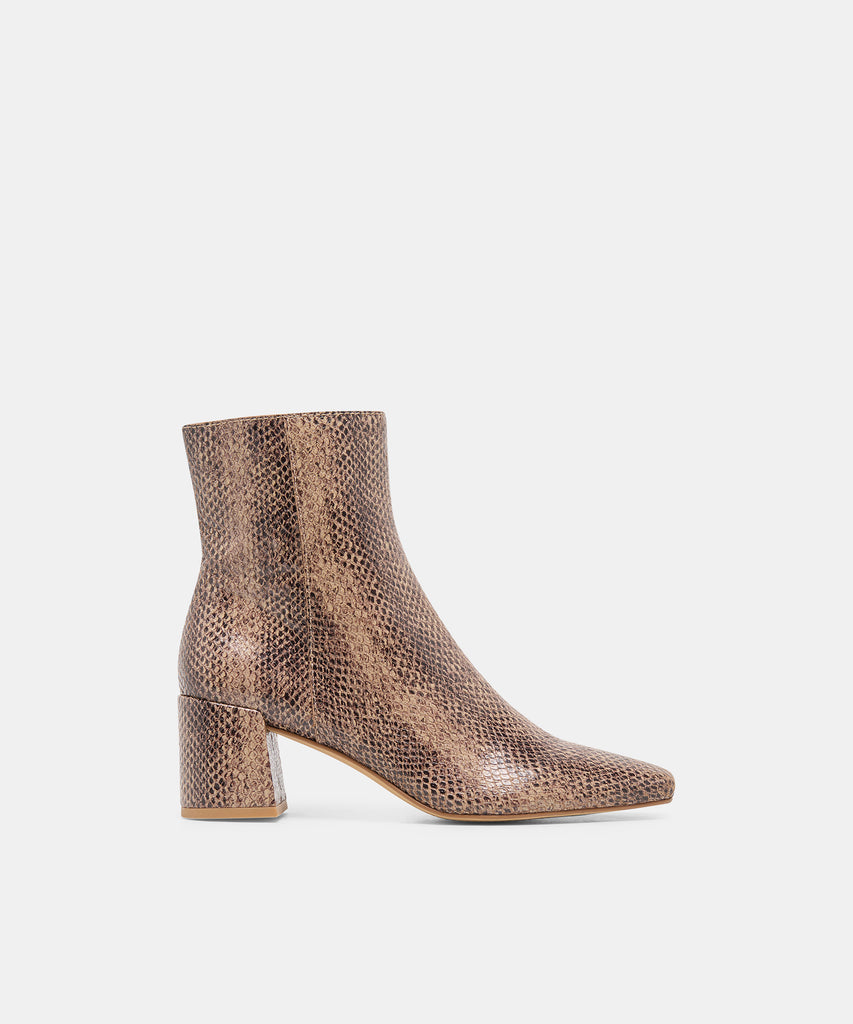 BAYRA Snake Tan Embossed Leather Ankle Block Heel Ankle Booties | Dolce Vita