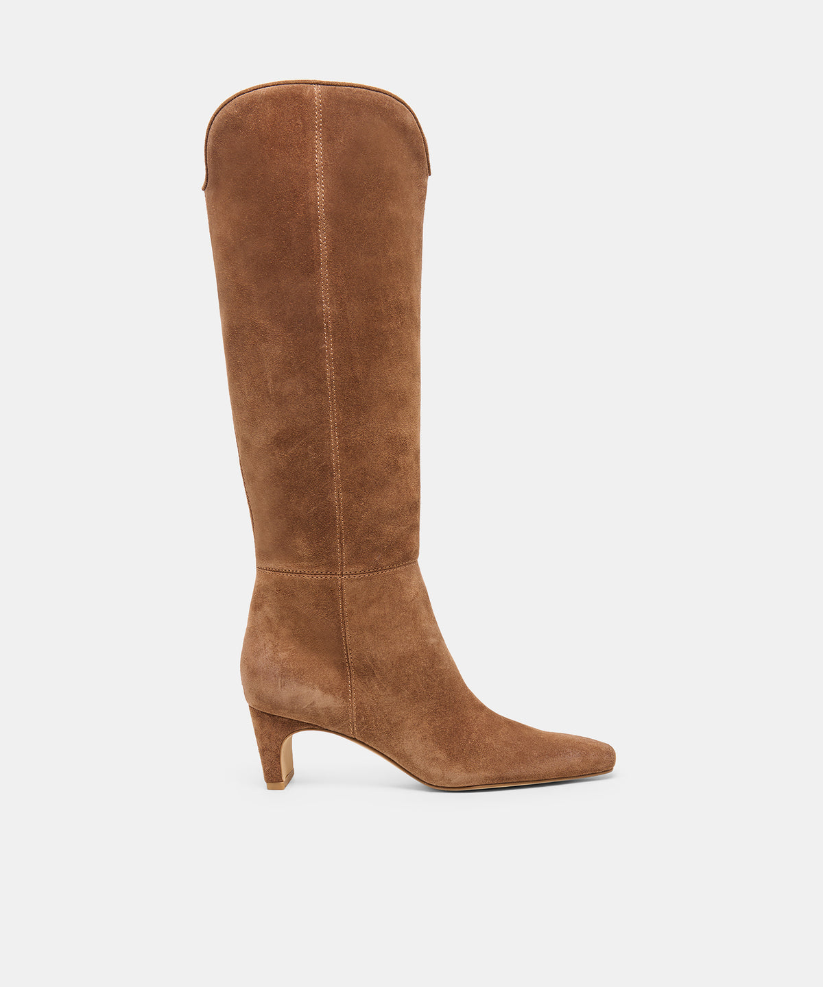BRION Cocoa Suede Block-Heel Almond-Toe Knee-High Boots | Dolce Vita