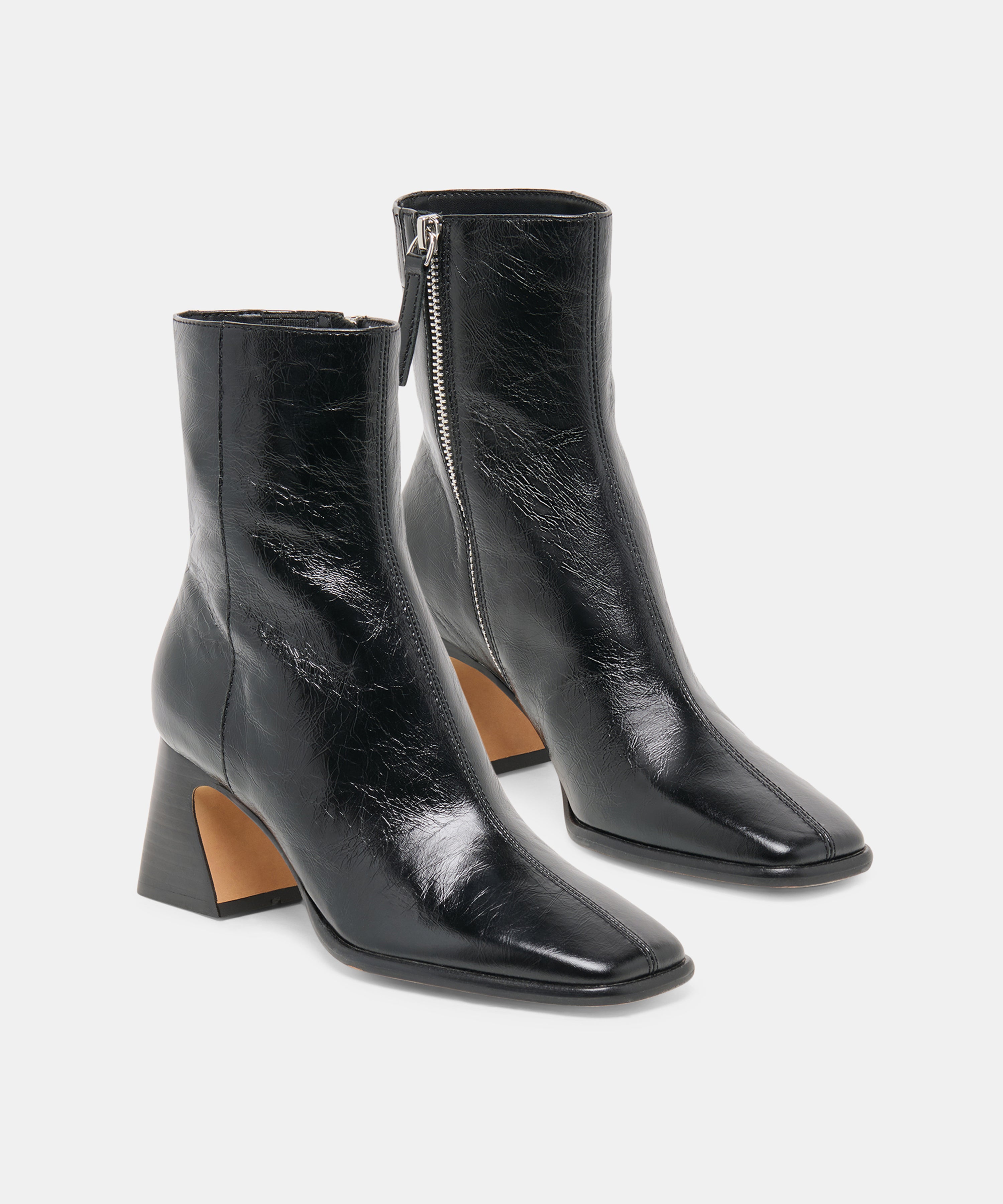 CECELA Midnight Crinkle Patent Block Heeled Ankle Booties | Dolce Vita