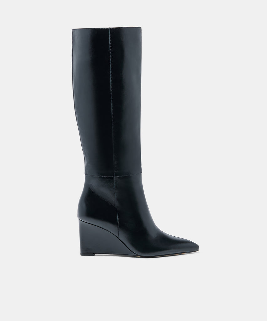 EMILA Black Leather Knee-High Wedged Boots | Dolce Vita