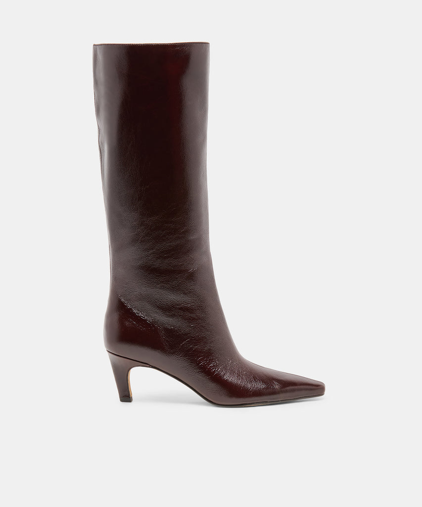 JAZMIN Black Cherry Leather Sculptural Kitten-Heel Knee-High Boots | Dolce Vita