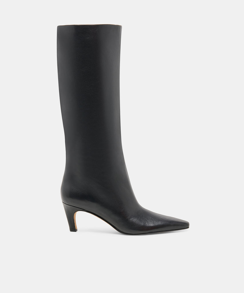 JAZMIN Black Leather Sculptural Kitten-Heel Knee-High Boots | Dolce Vita