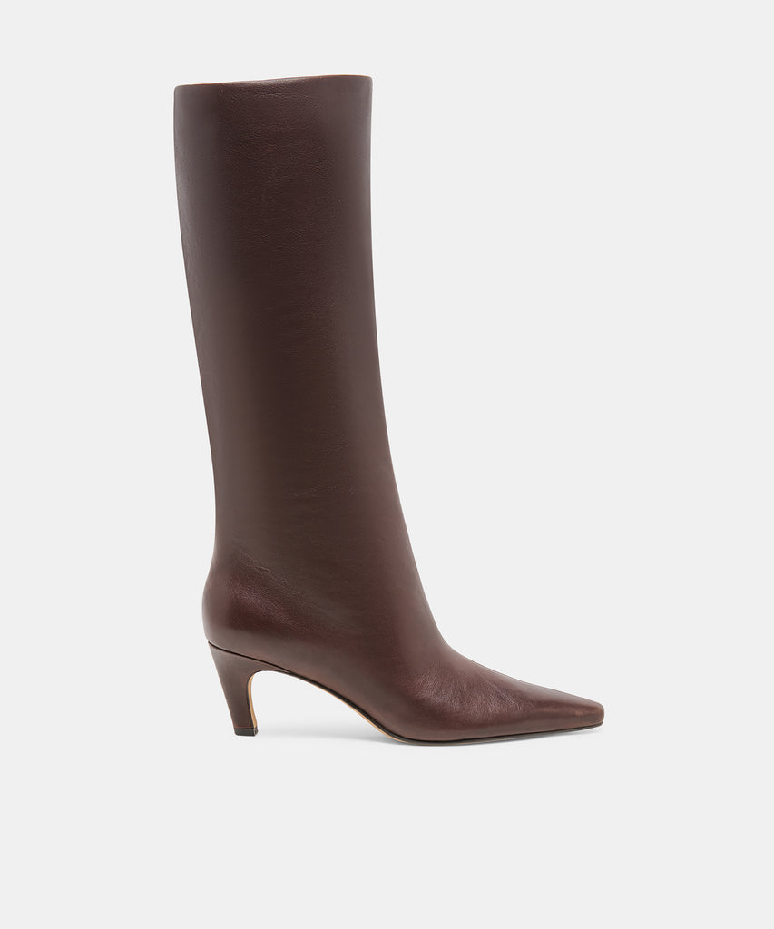 JAZMIN Dk Chocolate Leather Sculptural Kitten-Heel Knee-High Boots | Dolce Vita