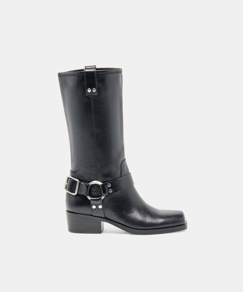 ROLAN Black Patent Leather Mid-Calf Moto Boots | Dolce Vita