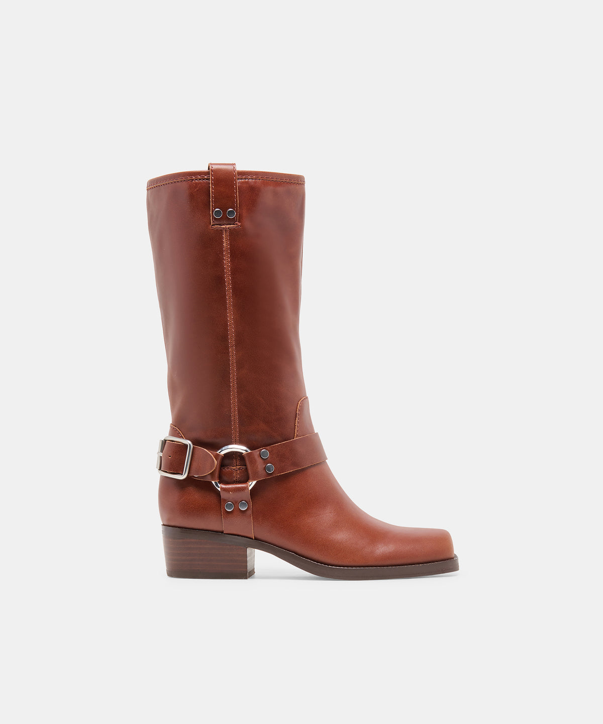 ROLAN Brown Patent Leather Mid-Calf Moto Boots | Dolce Vita