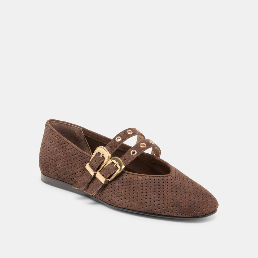 Baylee Grommet Ballet Flats - Dark Brown Perforated Suede