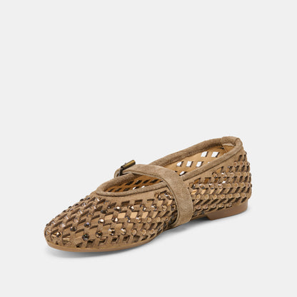 MAVIN RHINESTONE BALLET FLATS TAUPE SUEDE