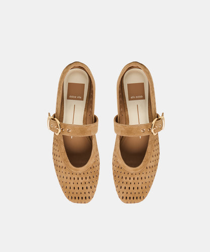 MIKEL BALLET FLATS LT BROWN PERFORATED SUEDE