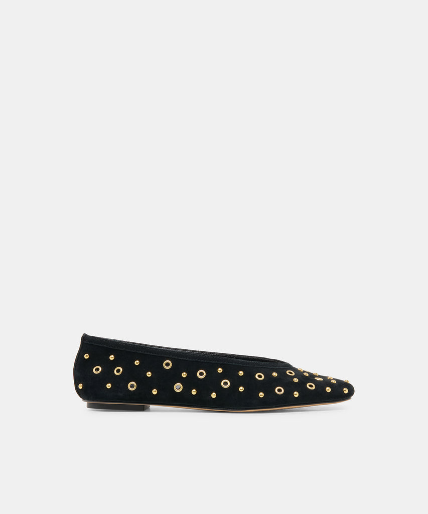 CARET STUD Onyx Suede Almond-Toe Ballet Flats | Dolce Vita