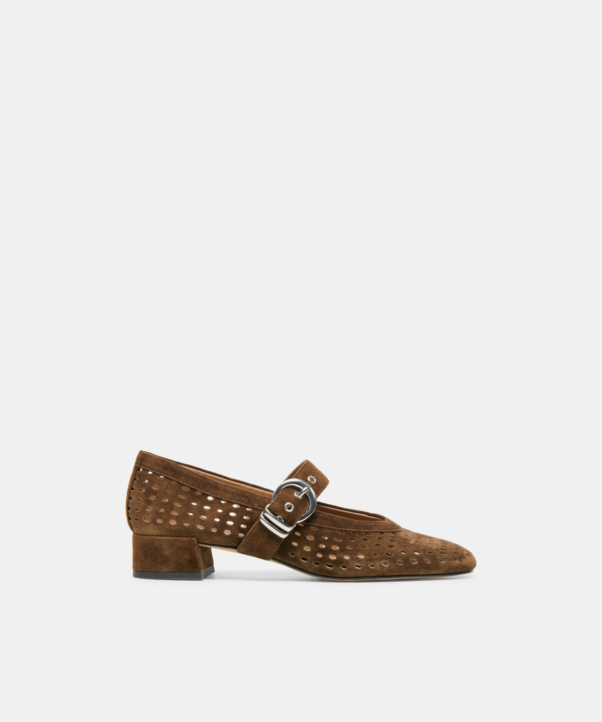 MIKEL MID Chestnut Perforated Suede Mary-Jane Ballet Block Heels | Dolce Vita