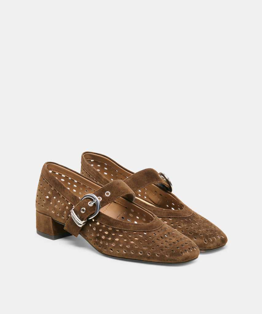 MIKEL MID HEELS CHESTNUT PERFORATED SUEDE