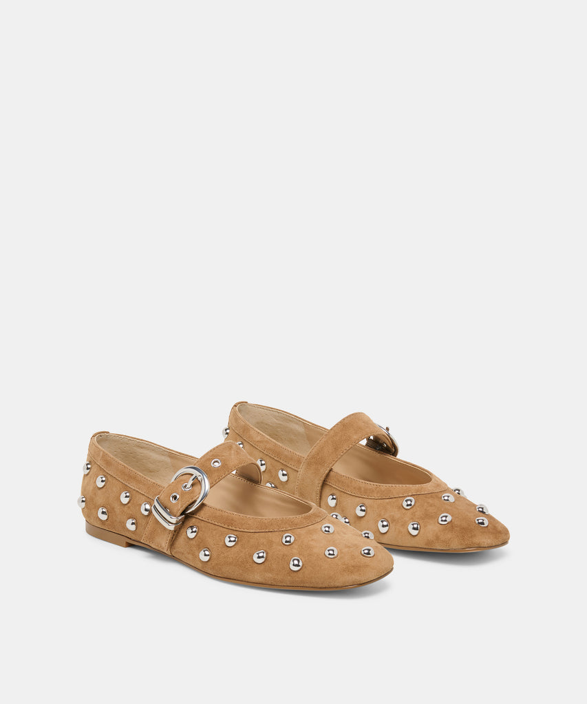 MIKEL STUD BALLET FLATS LT BROWN SUEDE