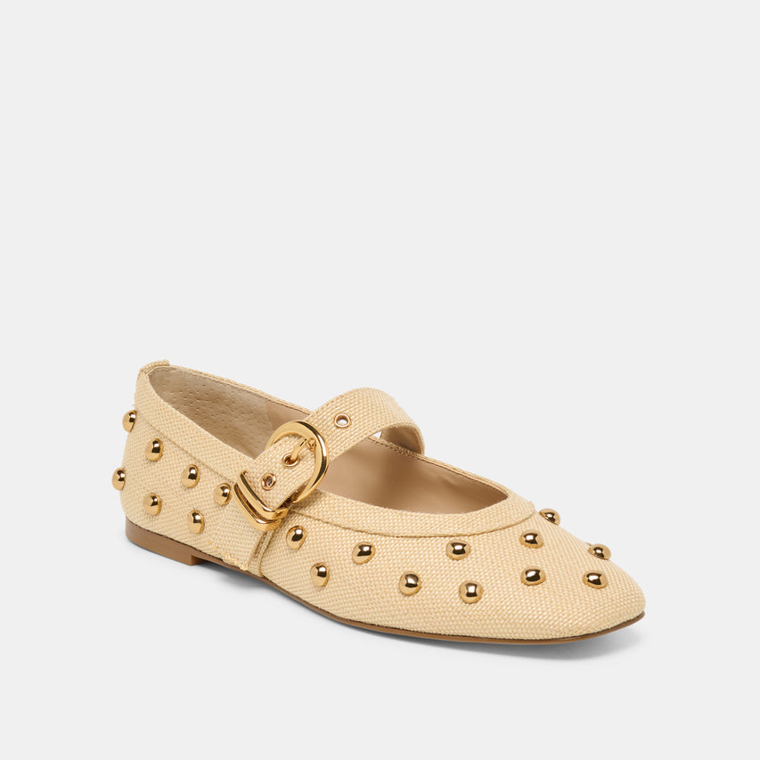 MIKEL STUD BALLET FLATS LT NATURAL RAFFIA