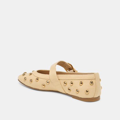 MIKEL STUD BALLET FLATS LT NATURAL RAFFIA