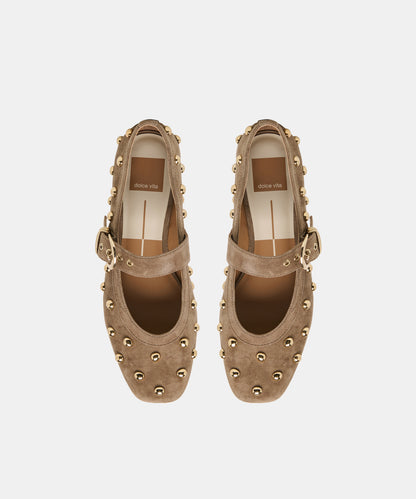MIKEL STUD BALLET FLATS OLIVE SUEDE