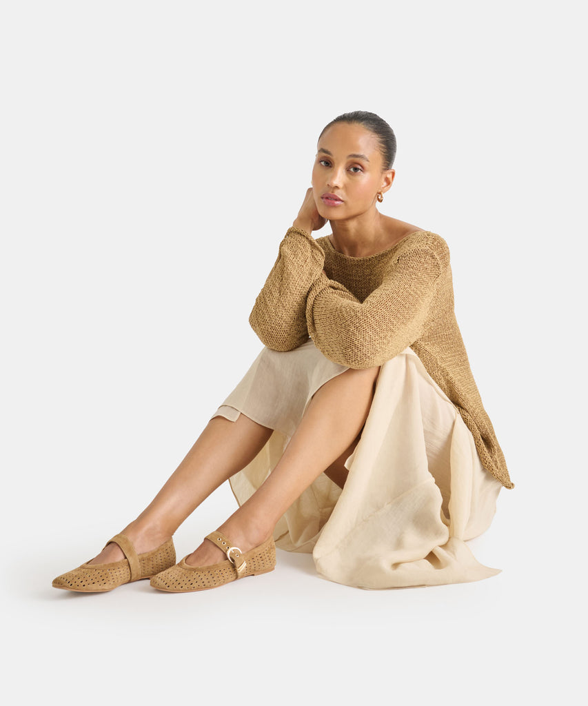 MIKEL BALLET FLATS LT BROWN PERFORATED SUEDE