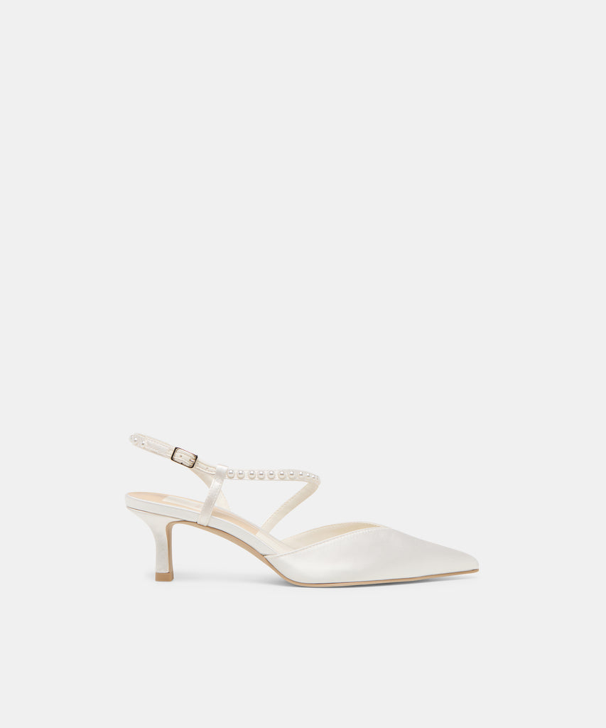Kamra Pearl True White Satin Mid Heels | Dolce Vita