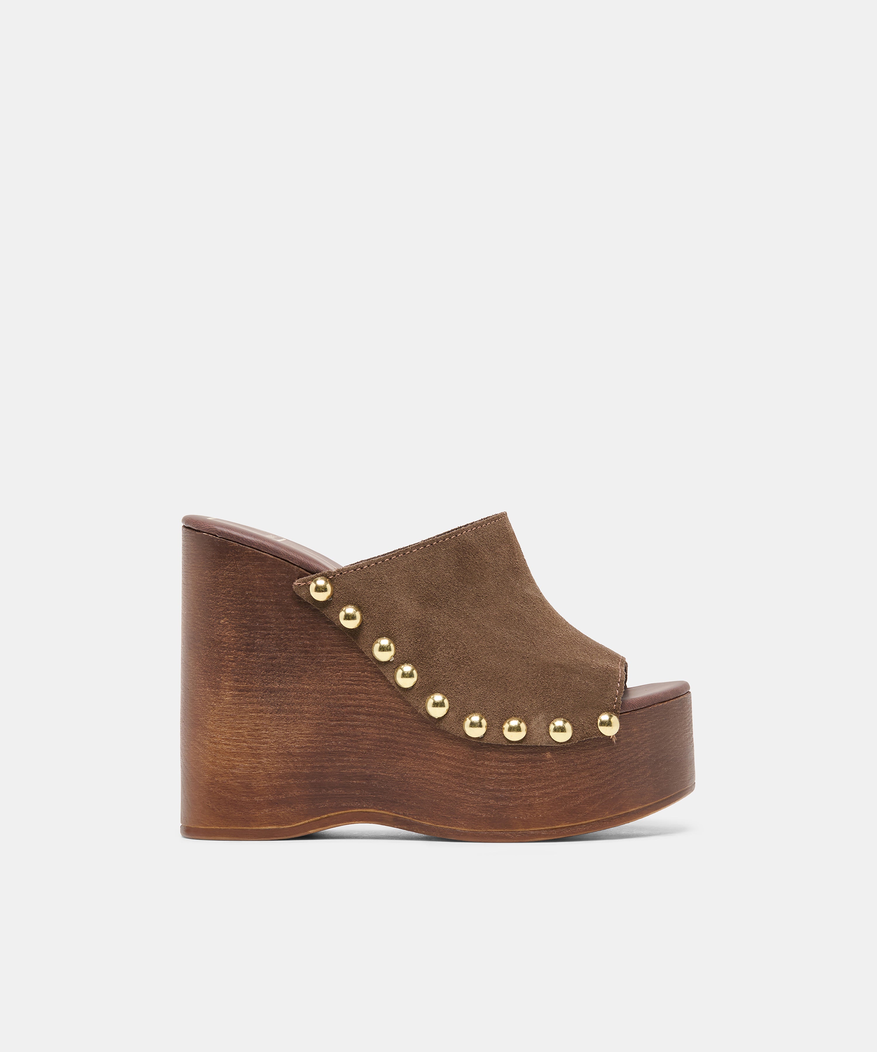 BIRK Dk Brown Suede Platform Wood Sole Wedges | Dolce Vita