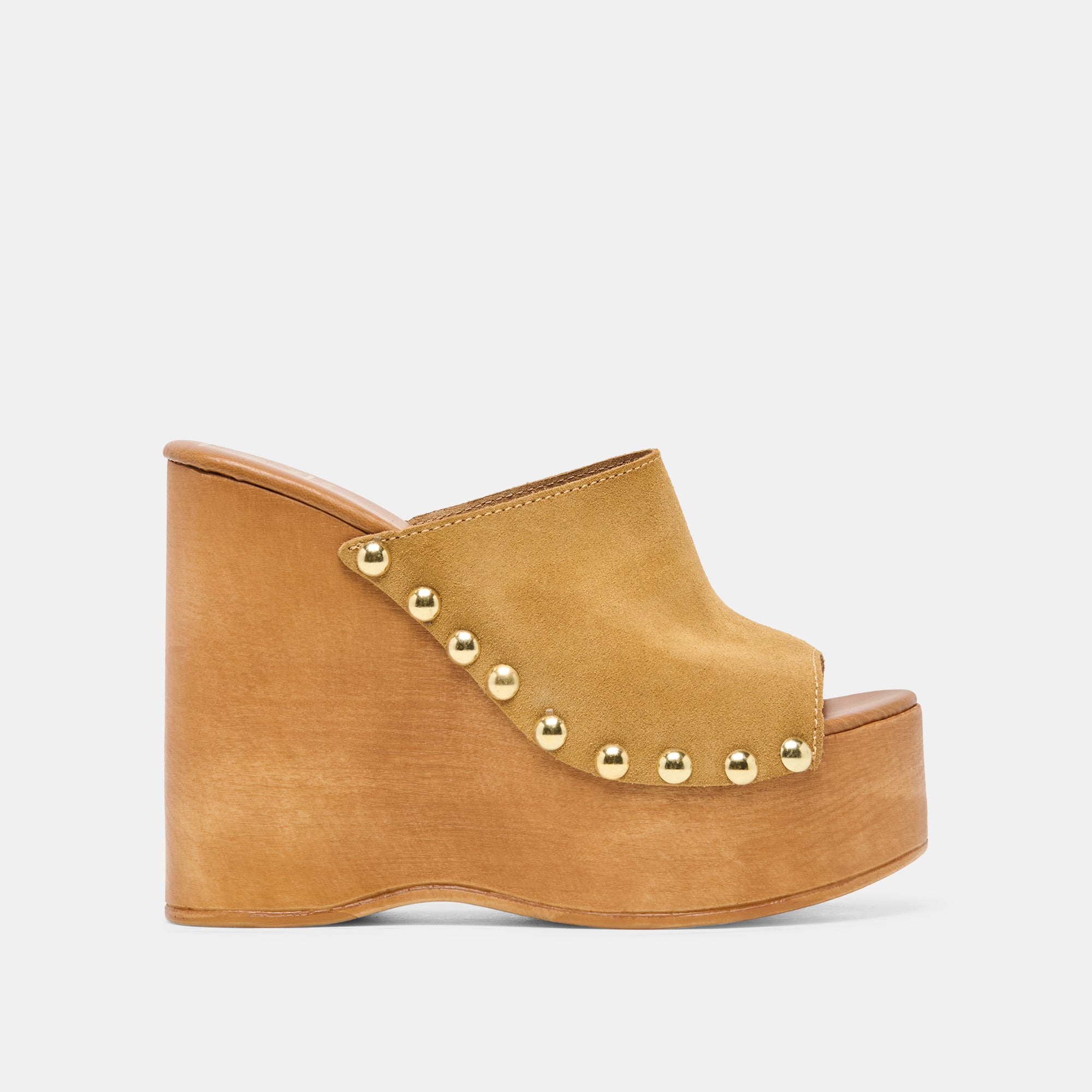 BIRK Tan Suede Platform Wood Sole Wedges | Dolce Vita