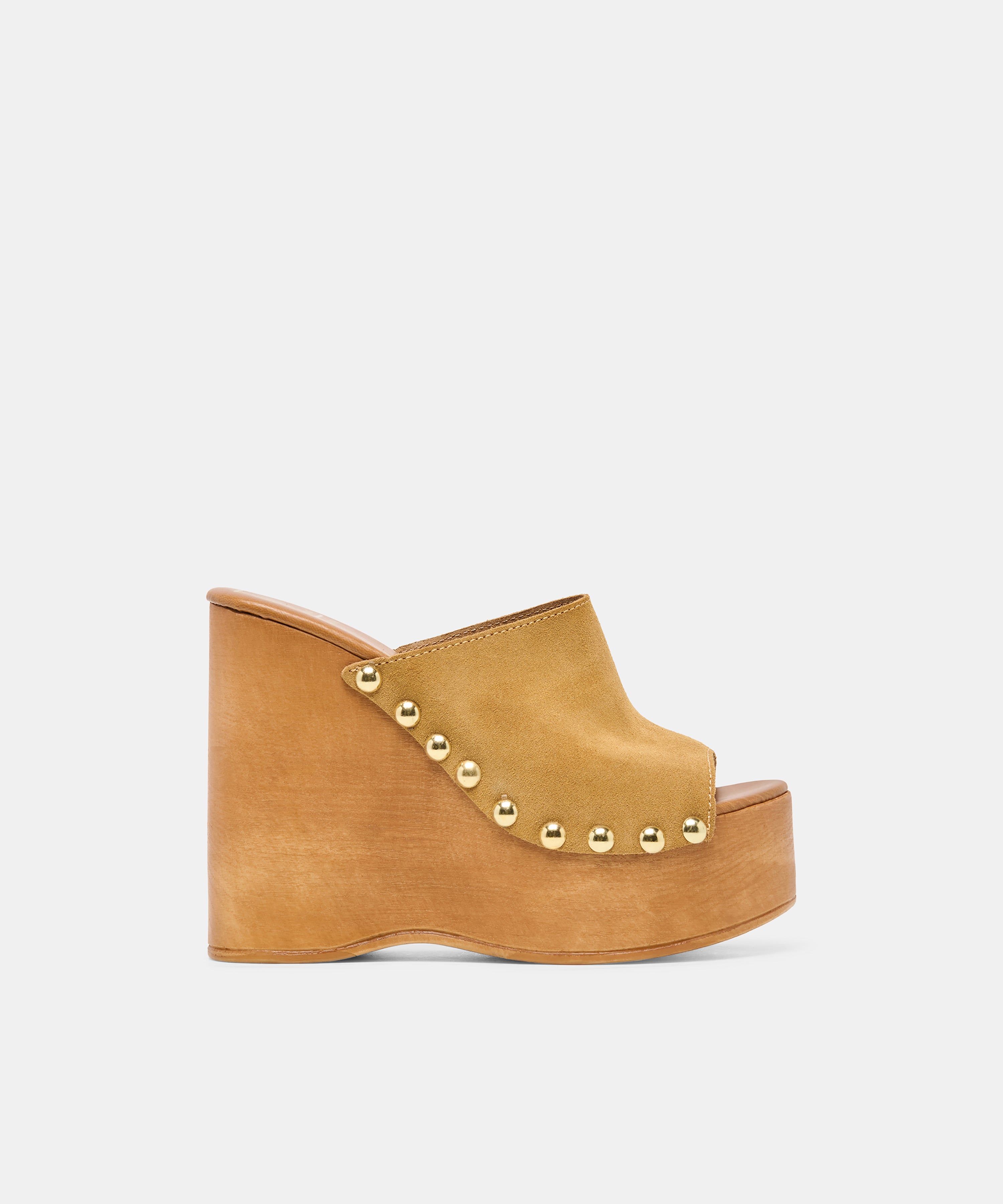 BIRK Tan Suede Platform Wood Sole Wedges | Dolce Vita