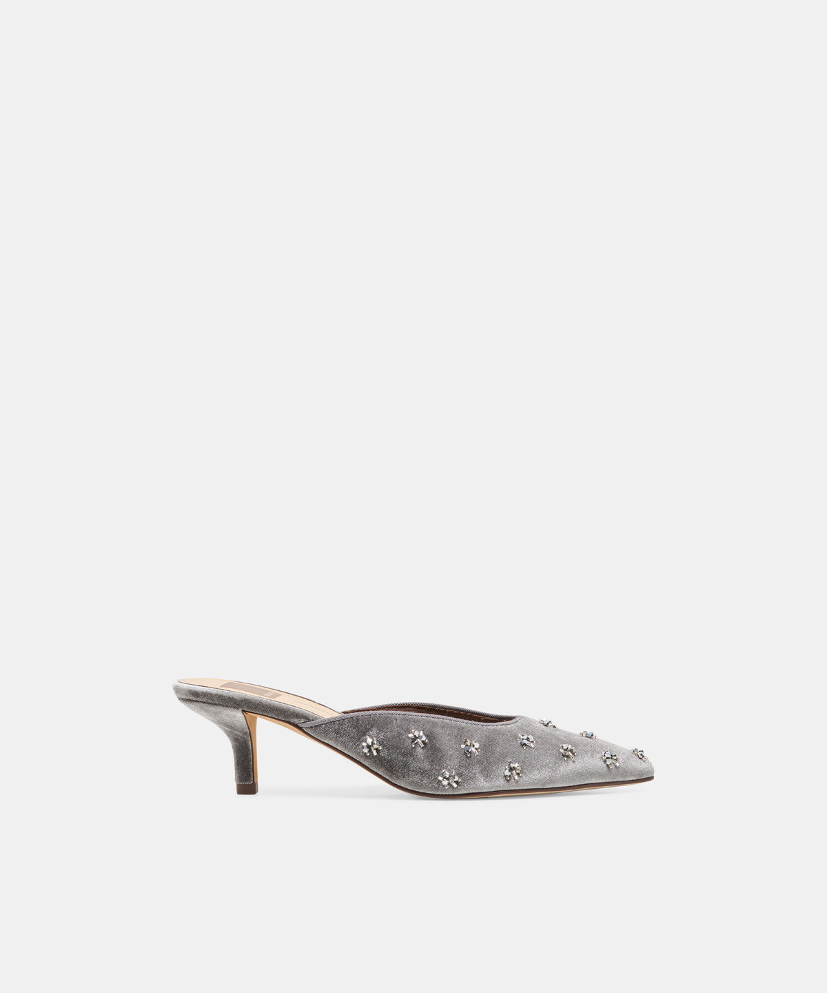 CAMLA Grey Velvet Crystal Mule Kitten Heels | Dolce Vita