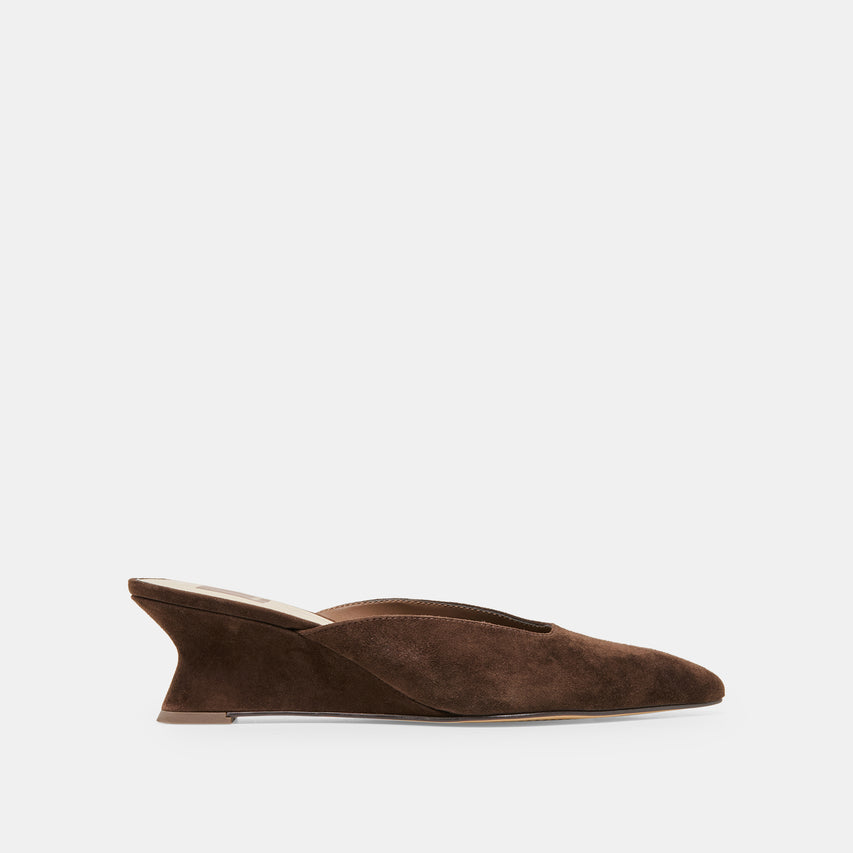 CAMY Dk Brown Suede Closed-Toe Slip-On Wedge Mules | Dolce Vita