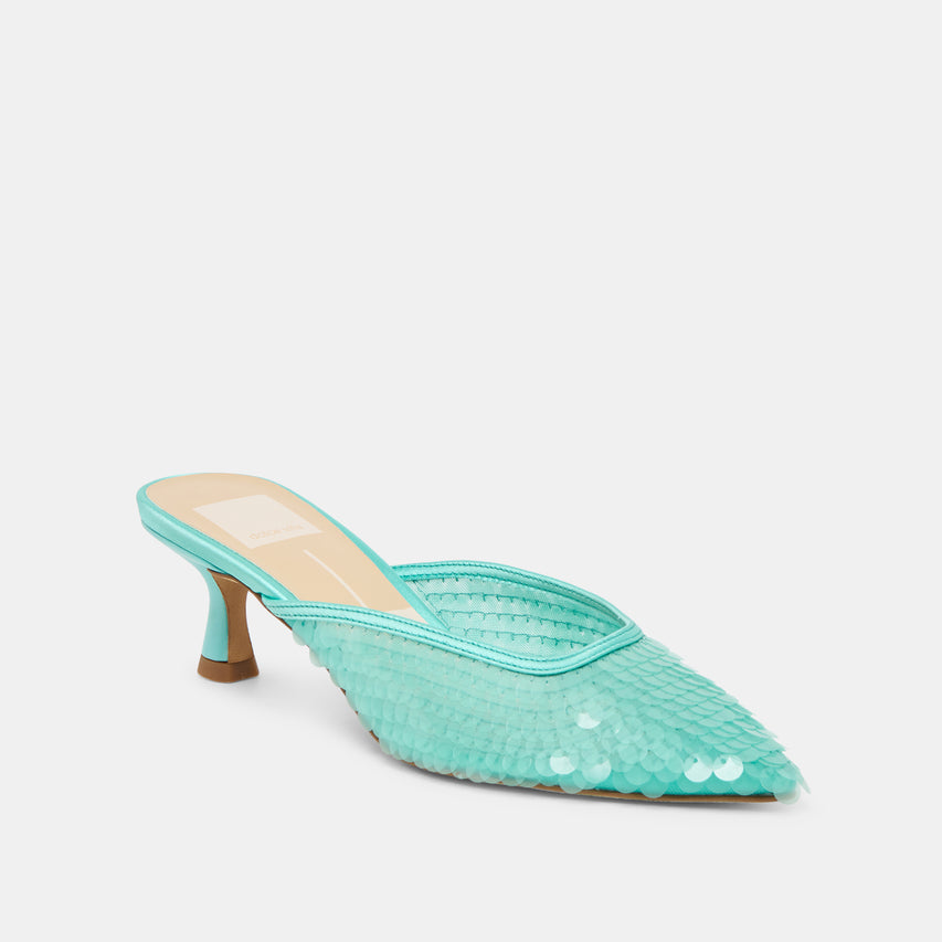 CLEO SEQUIN HEELS AQUA SEQUIN