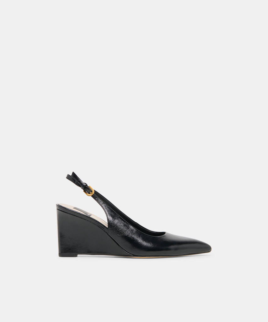 EVELAN Black Leather Pointed-Toe Slingback Wedges | Dolce Vita