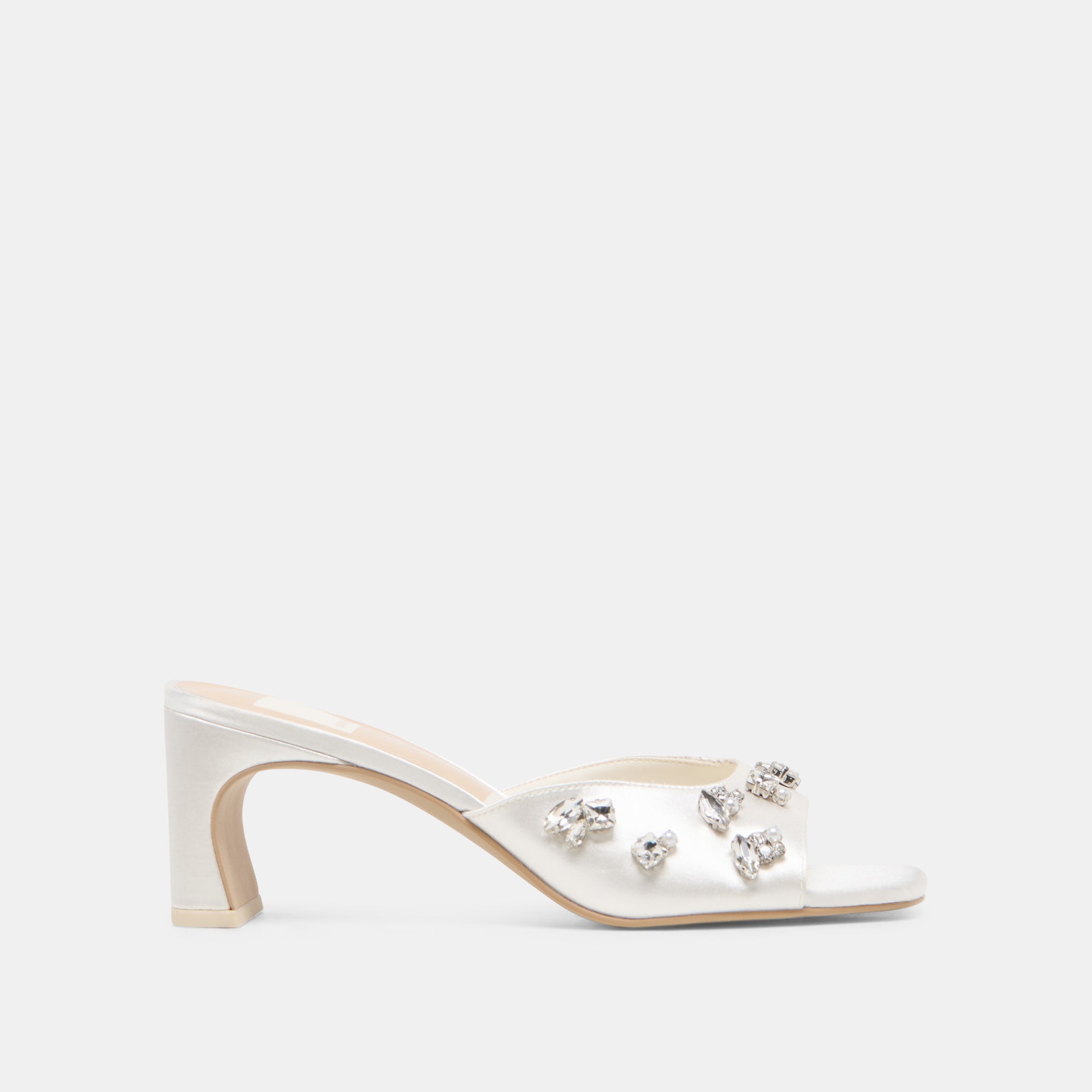 GENENE RHINESTONE HEELS WHITE SATIN