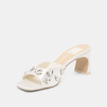 GENENE RHINESTONE HEELS WHITE SATIN