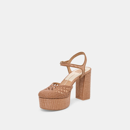 GERO HEELS MID BROWN WOVEN RAFFIA