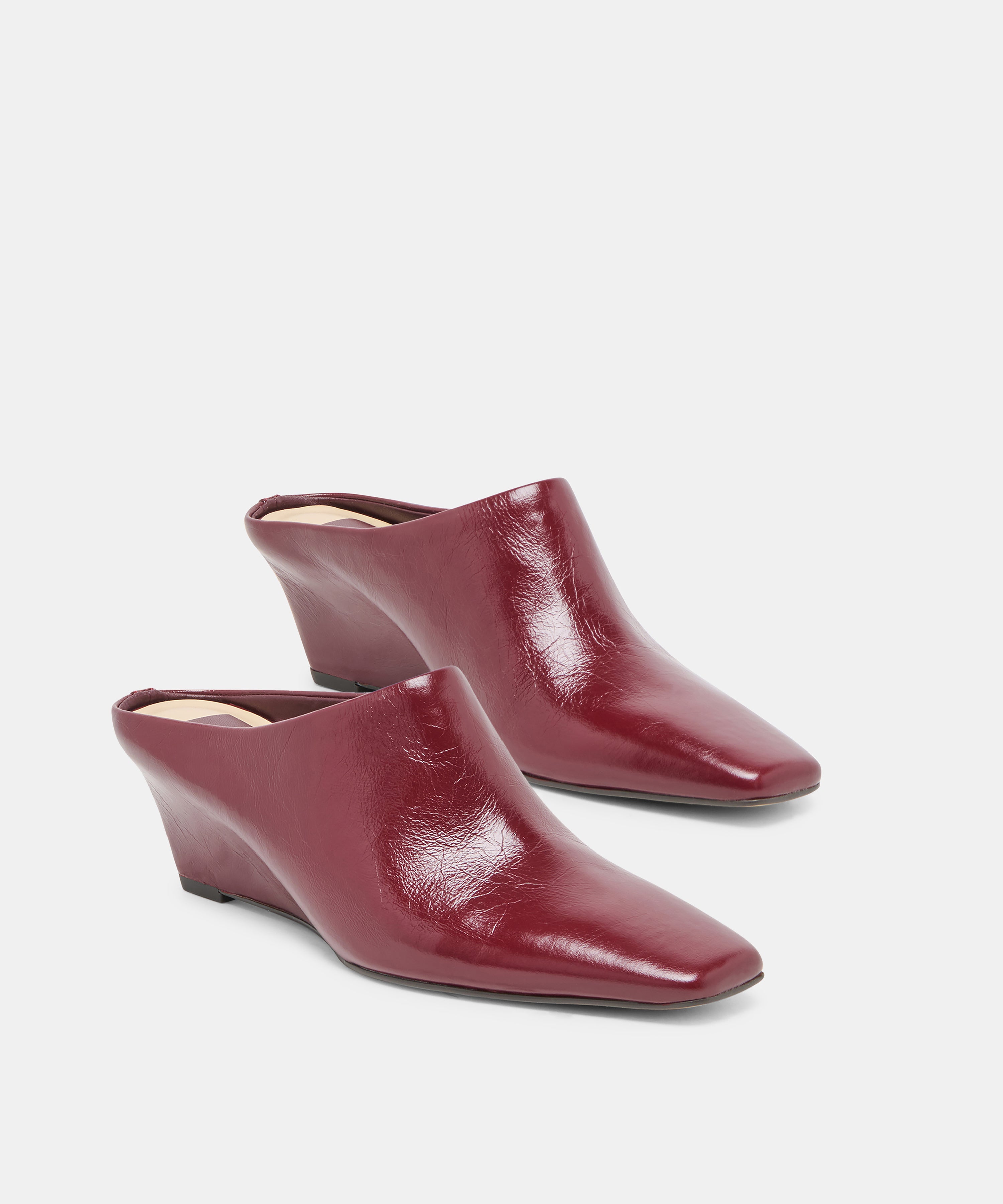 HILAH Oxblood Crinkle Patent Closed-Toe Slip-On Wedge Mules