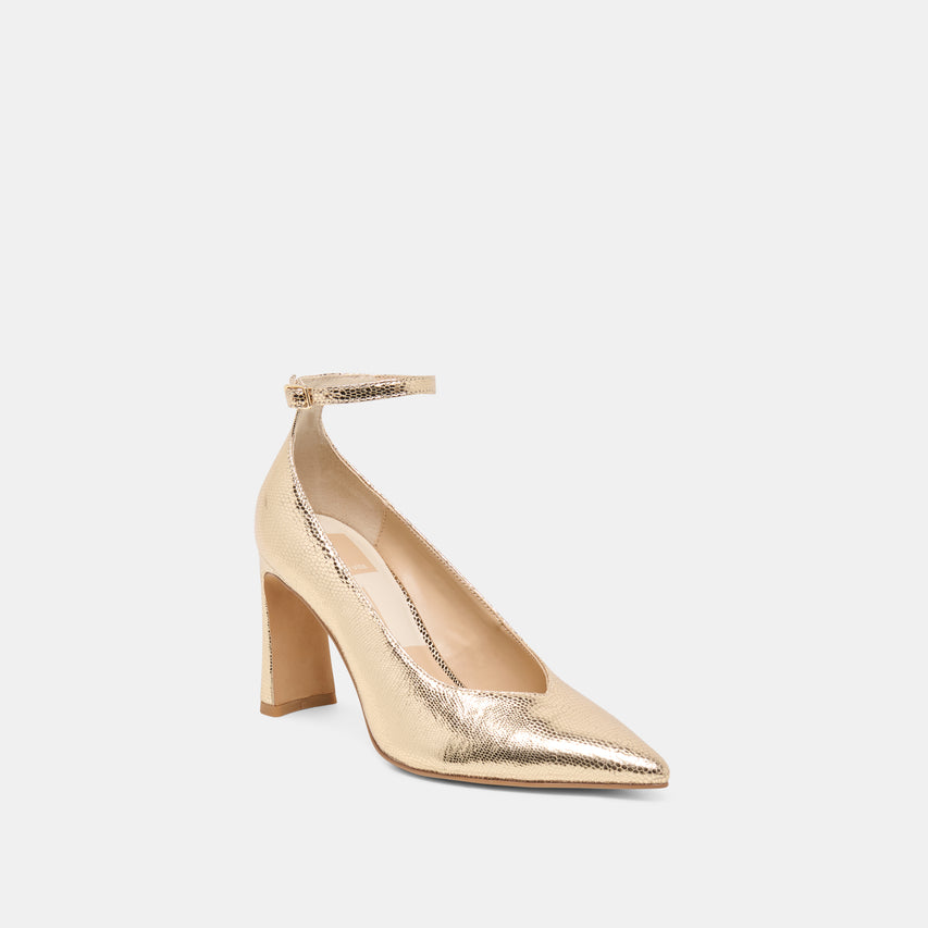 KARSIN HEELS GOLD EMBOSSED LEATHER