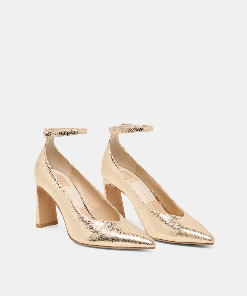 KARSIN HEELS GOLD EMBOSSED LEATHER