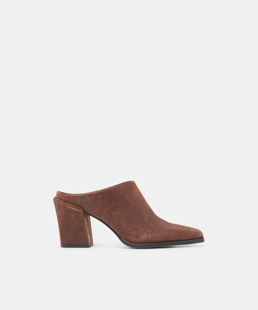 LINDI Coffee Suede Closed-Toe Slip-On Heeled Mules | Dolce Vita