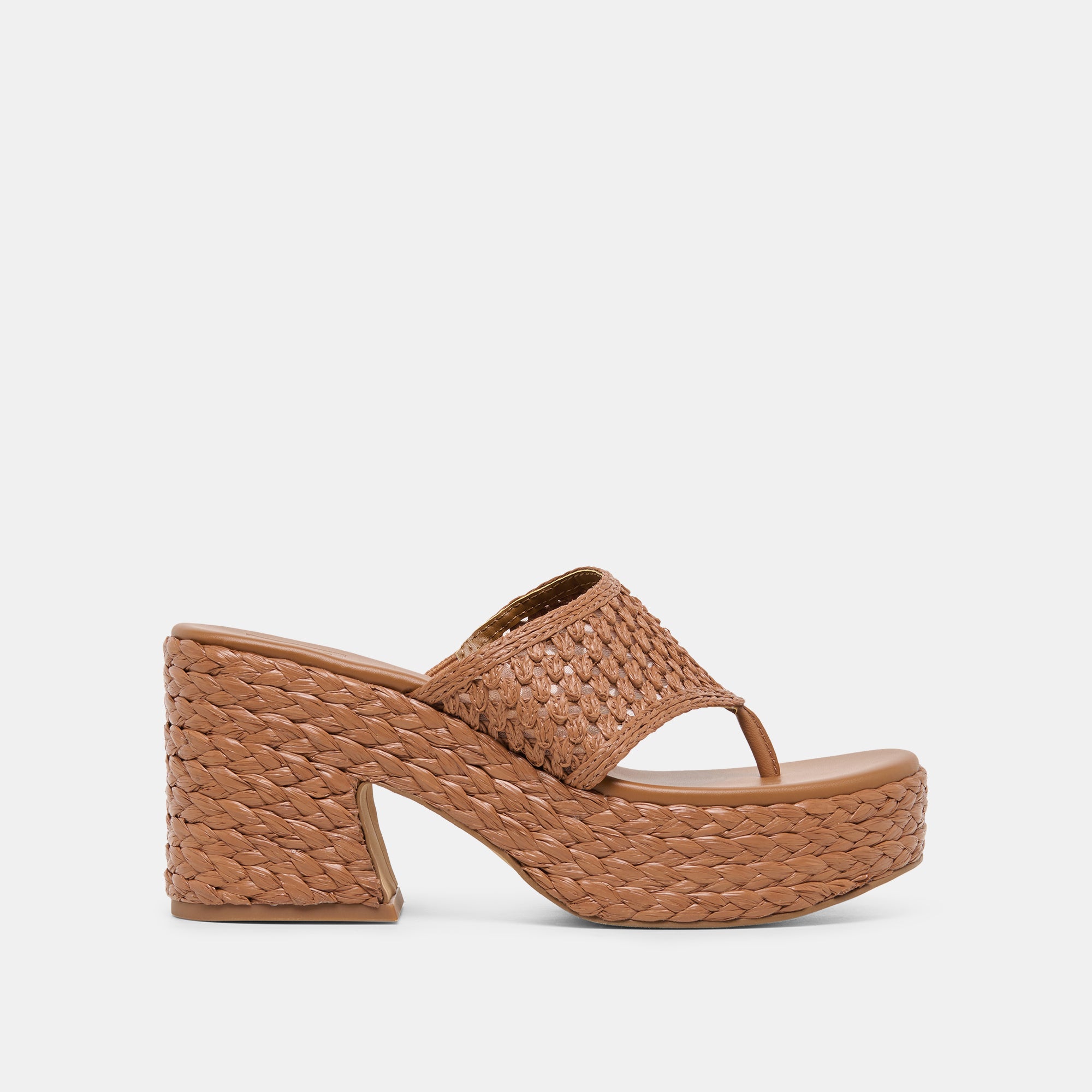 RIPPLE Mid Brown Raffia Platform Thong Block Heel | Dolce Vita
