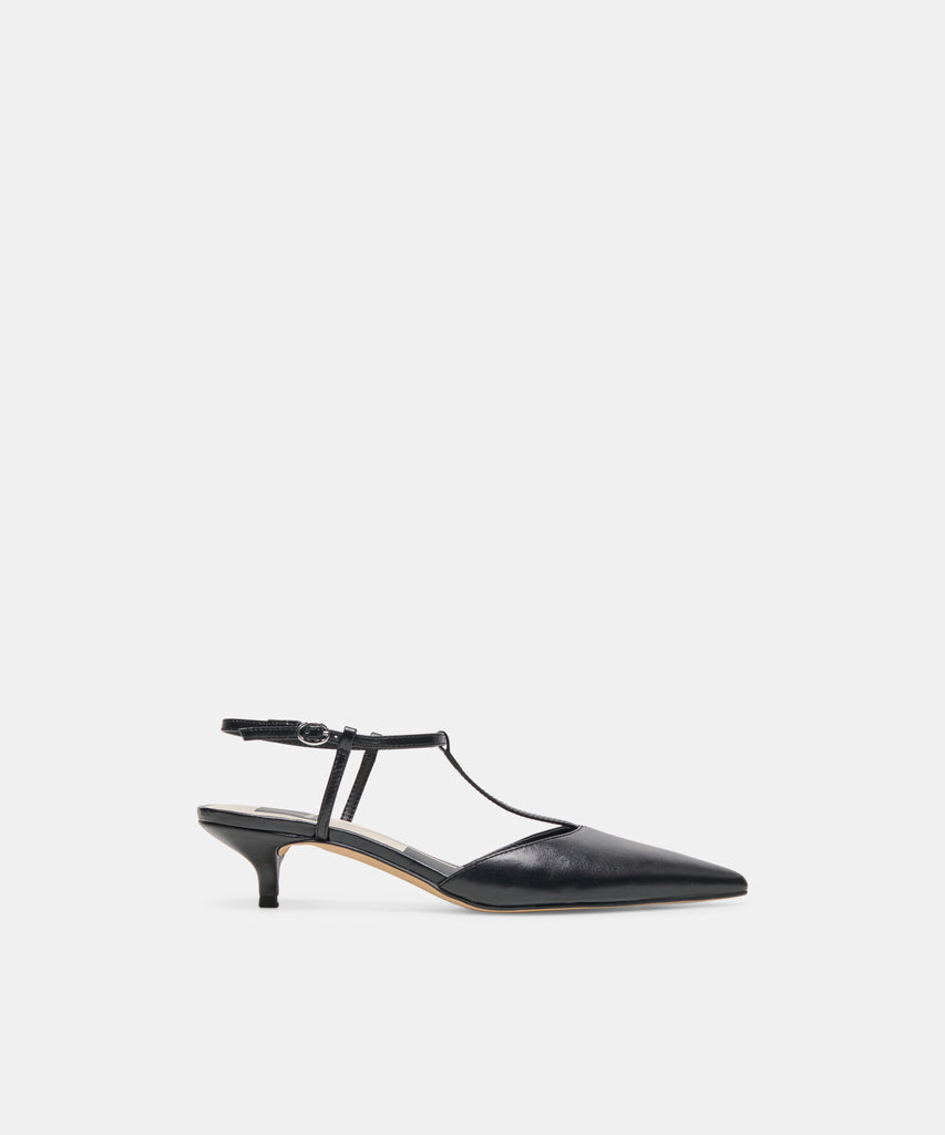 TORENA Black Leather Closed-Toe T-Strap Heels | Dolce Vita