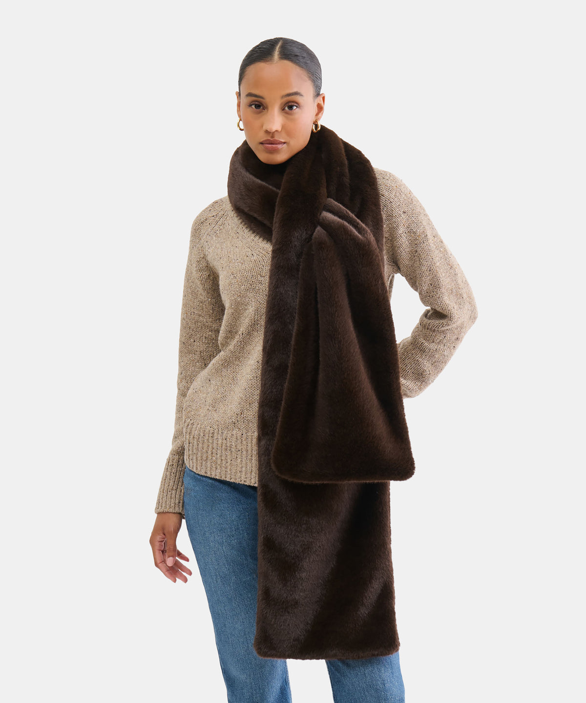 FAUX FUR SCARF DARK BROWN - view 2