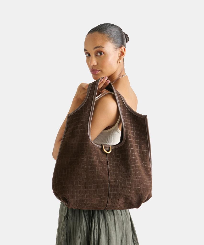 PAVA TOTE MID BROWN EMBOSSED SUEDE