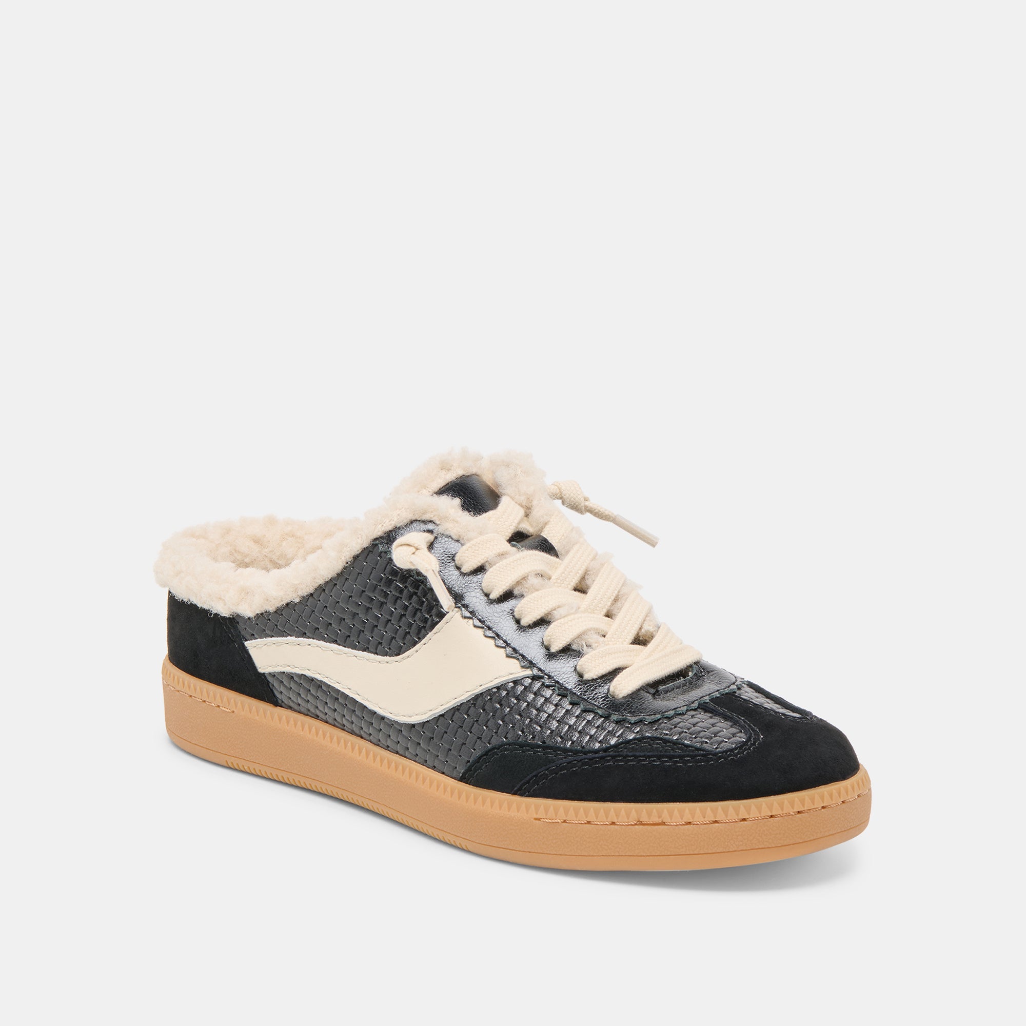 NOTICE SLIDE PLUSH SNEAKERS BLACK WOVEN LEATHER