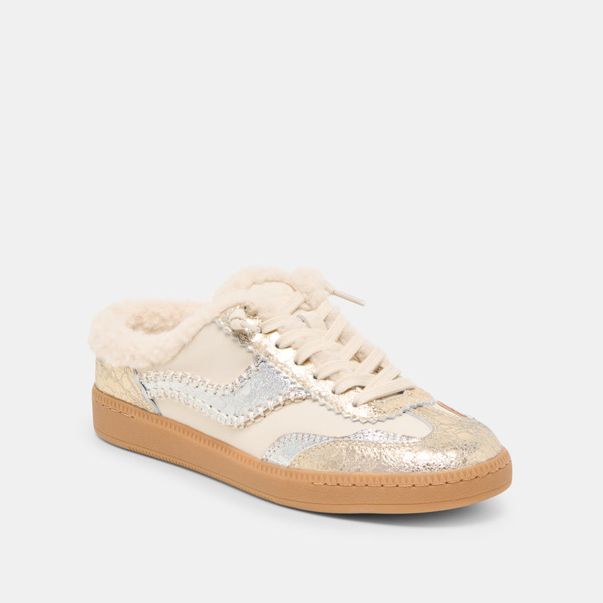 NOTICE SLIDE PLUSH SILVER GOLD CRACKLED LEATHER