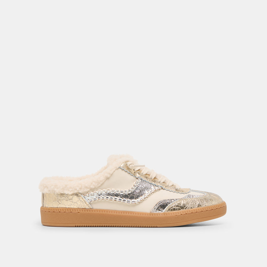 NOTICE SLIDE PLUSH SILVER GOLD CRACKLED LEATHER