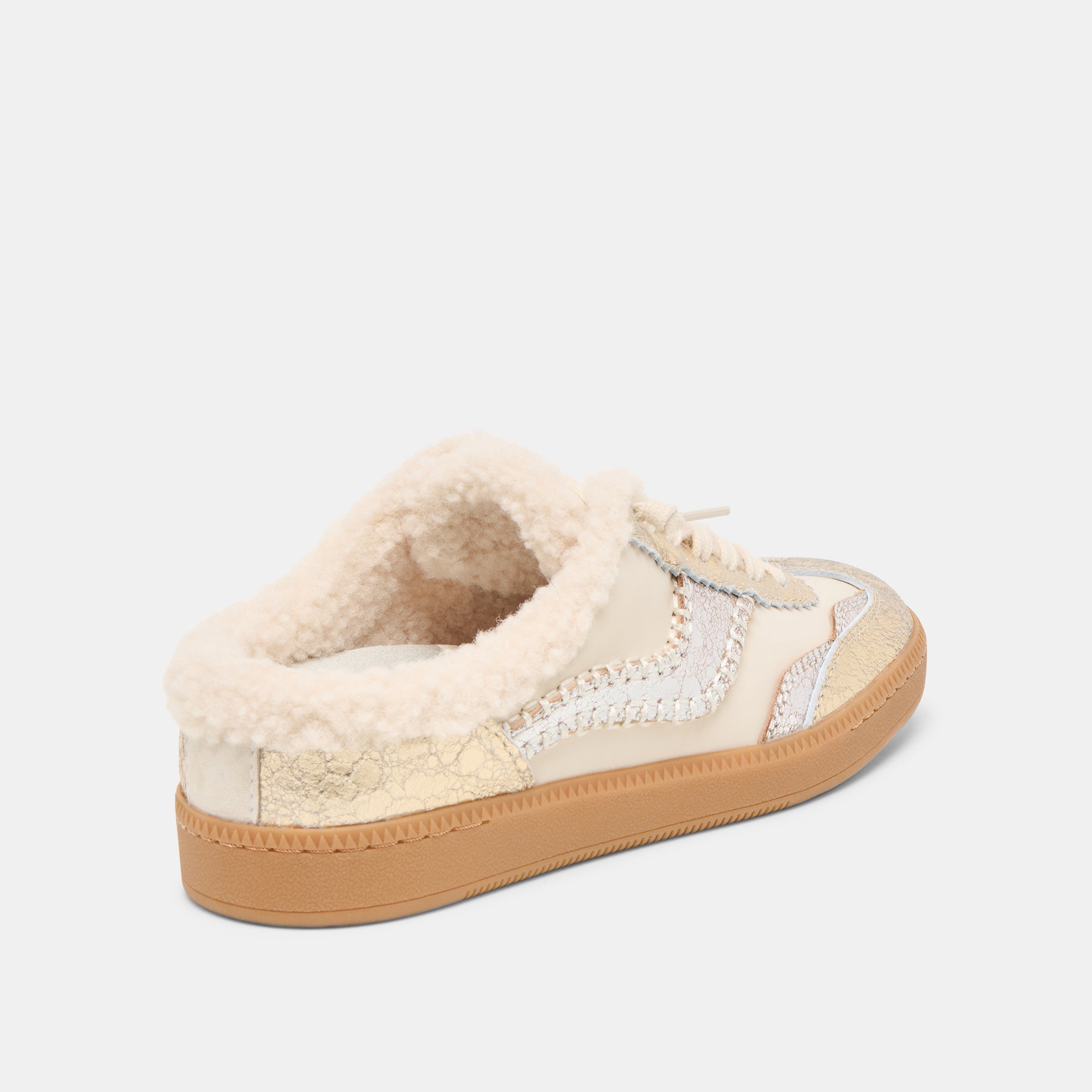 NOTICE SLIDE PLUSH SILVER GOLD CRACKLED LEATHER