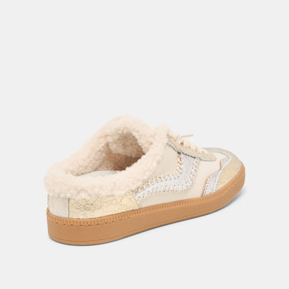 NOTICE SLIDE PLUSH SILVER GOLD CRACKLED LEATHER