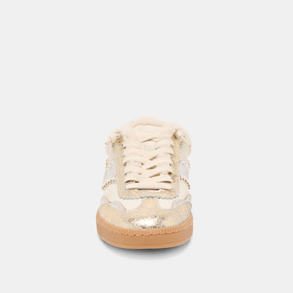 NOTICE SLIDE PLUSH SILVER GOLD CRACKLED LEATHER