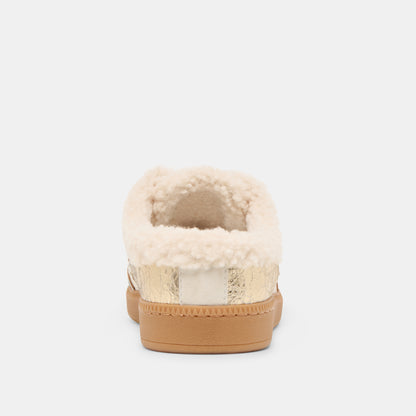 NOTICE SLIDE PLUSH SILVER GOLD CRACKLED LEATHER